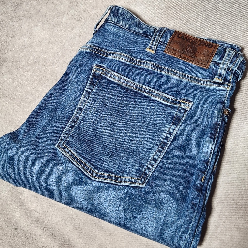 men LANDS' END denim Blue Jeans Square Rigger sz 36 Adjustable Waist traditional